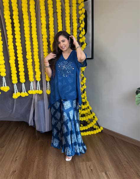 Royal Blue Ajrak Glam mirror Indo-western set