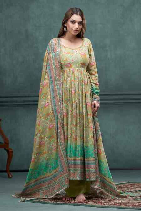 Buy Green Cotton, Muslin Embroidery, Sequins Square Floral Print ...