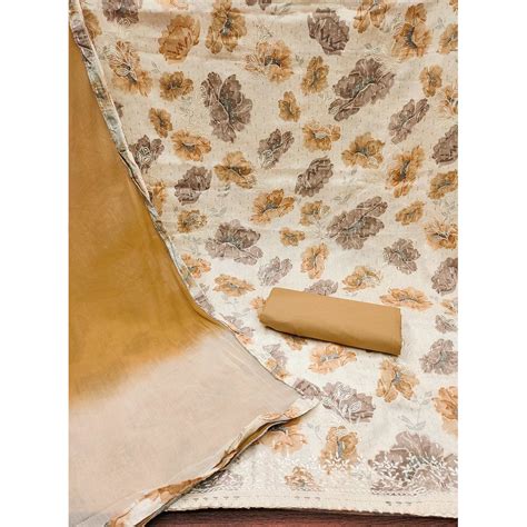 Off White & Beige Printed With Embroidered Pure Cotton Dress Material