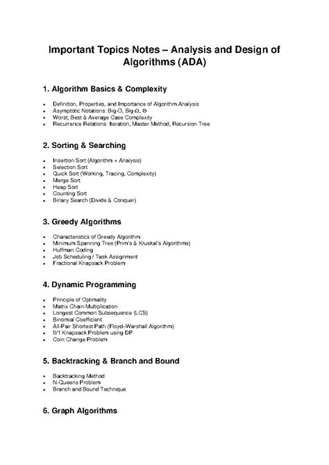 ADA Important Topics: Analysis & Design of Algorithms Notes - Studocu