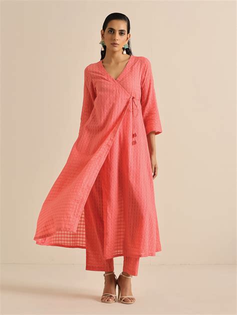 Bright Pink Dobby Angrakha Kurta Pant Set