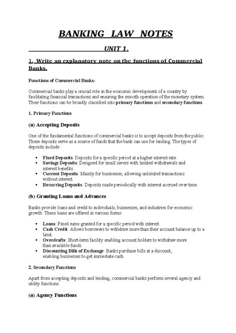 BANKING LAW NOTES UNIT 1: Functions of Commercial Banks and RBI Powers ...