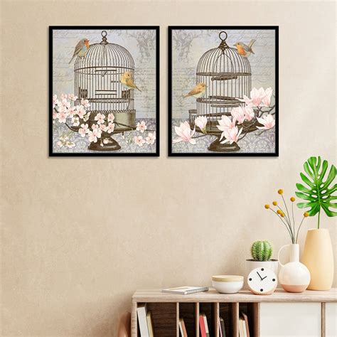Floral Bird Theme Set of 2 Canvas Painting, Framed Canvas Art Print Fo ...