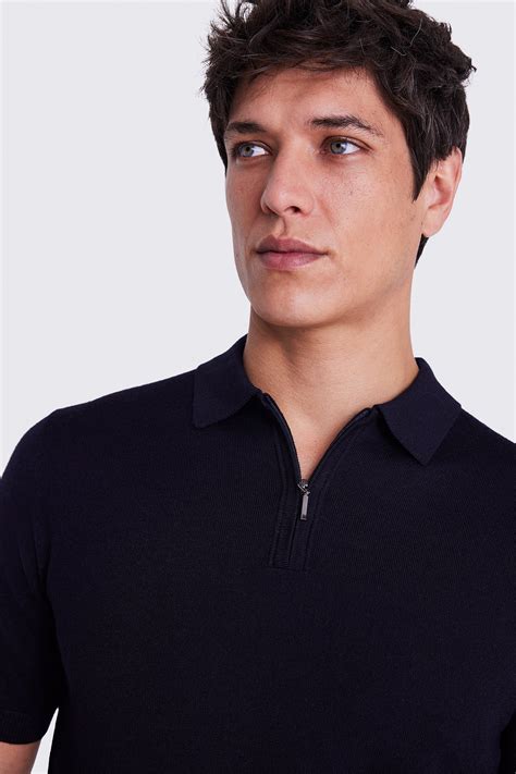 Navy Merino Quarter Zip Polo Shirt | Buy Online at Moss