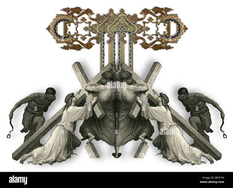 Victorian letter T with Jesus Christ, enfeebled by the weight of the cross Stock Photo - Alamy