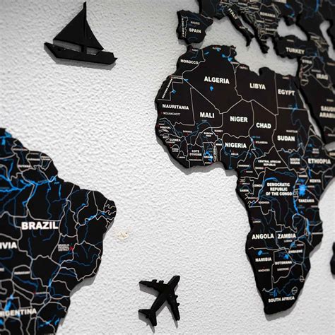 2D Black & Blue Wooden world map for wall • The Map Store