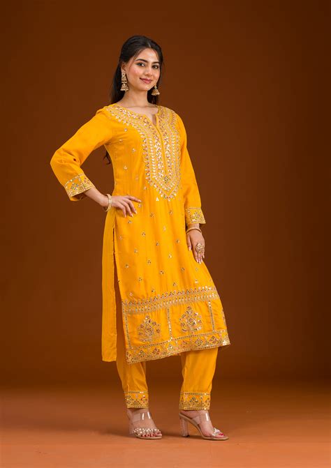 Buy Mustard Zariwork Semi Crepe Readymade Salwar Suit - Koskii