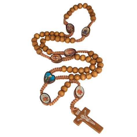 Natural Wood Rosary Beads w/Cross Images of Saints from Holy Land 21"
