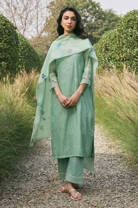 Buy Green Muslin, Cotton Embroidery Round Neck Kurta Set For Women by ...