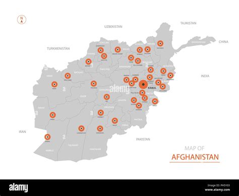 Stylized vector Afghanistan map showing big cities, capital Kabul, administrative divisions ...