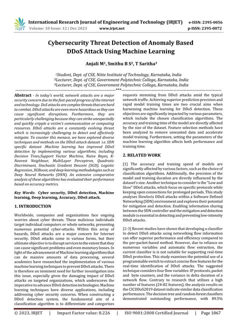 Cybersecurity Threat Detection of Anomaly Based DDoS Attack Using Machine Learning | PDF