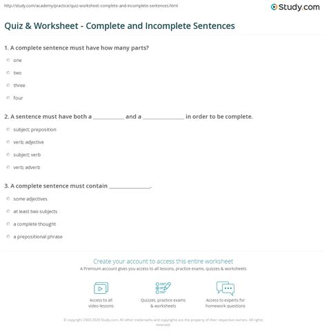 Quiz & Worksheet - Complete and Incomplete Sentences | Study.com