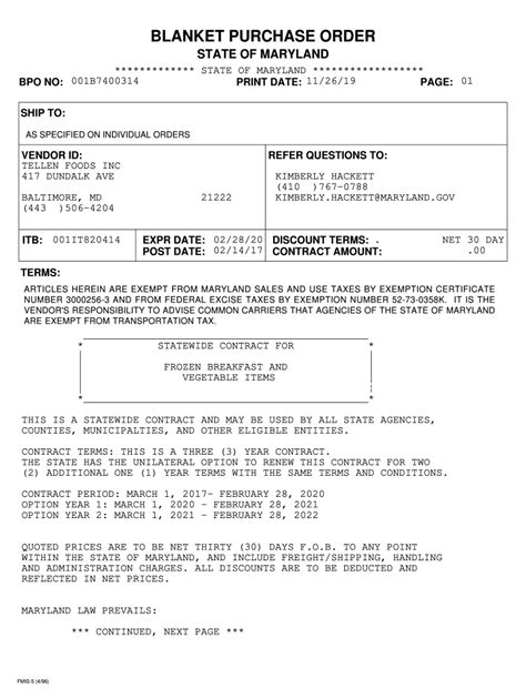 Fillable Online PDF version of FMIS BPO. Blanket Purchase Order number ...