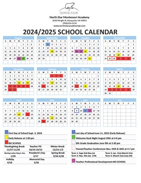 School Calendar - North Star Academy - Marquette