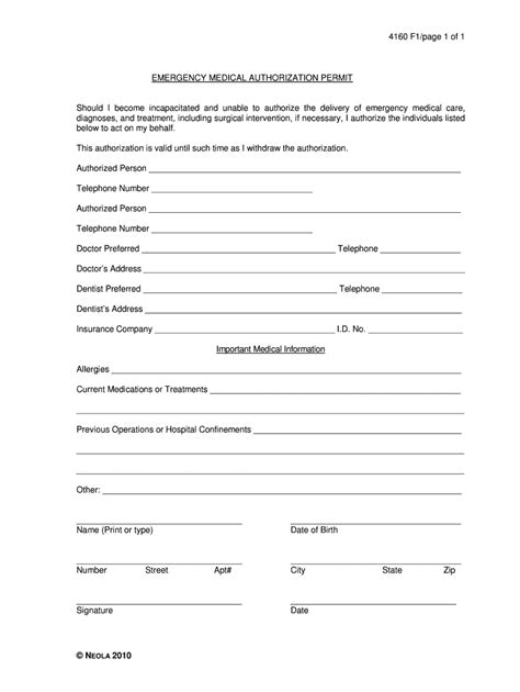 Emergency Medical Authorization Permit - Blank Fillable Template | Fill ...