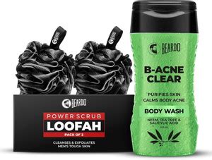 BEARDO B-acne Clear Body Wash & 2 Power Scrub Loofah | Neem, Tea Tree ...