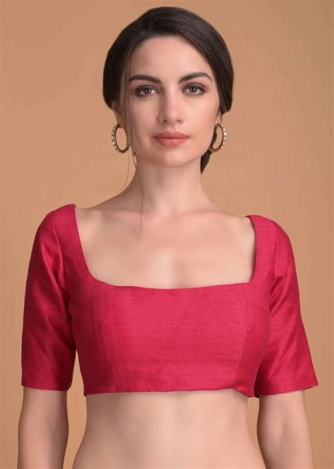 Buy Hot Pink Blouse In Raw Silk With Wide U Neckline And Half Sleeves ...