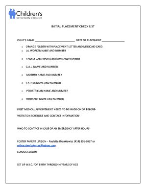 Fillable Online chw INITIAL PLACEMENT CHECK LIST - chw Fax Email Print ...