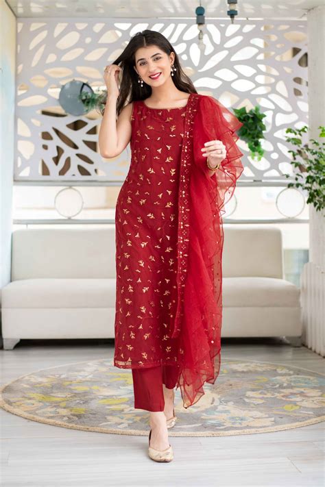 Women's Red Sequin Kurta Suit Set With Net Ruffle Dupat | Kurti designs ...