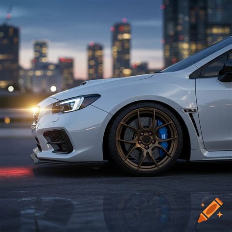 A white Subaru WRX with bronze wheels and blue brake calipers on a wet street at dusk, blurred ...