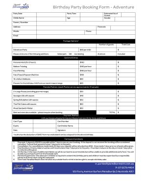 Fillable Online Birthday Party Booking Form - Adventure - Paradise ...