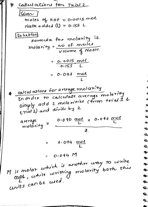 [Solved] show molar mass of KHP calculation, calculations for one trial ...
