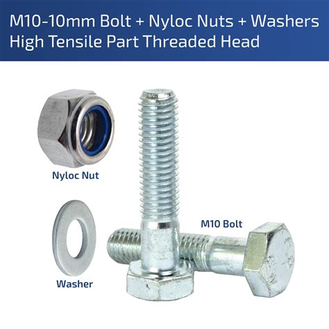M10 BOLTS + NYLOC NUTS + WASHERS HIGH TENSILE PART THREADED HEX HEAD 8. ...