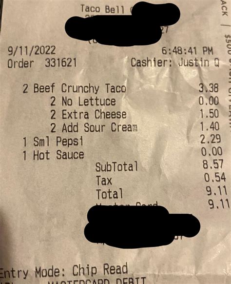 My receipt at Taco Bell today, and my total came out to $9.11 : r ...