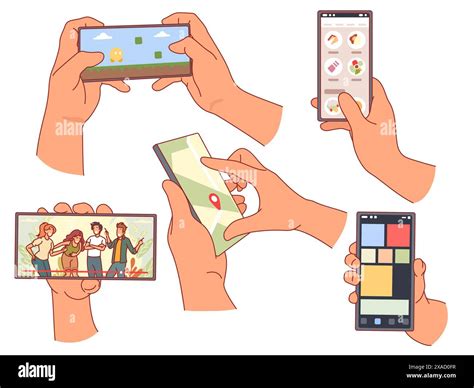 Cartoon human hands holding smartphones. People using mobile phones ...