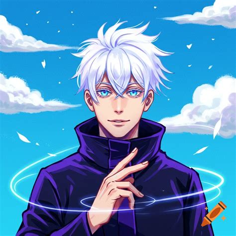 Ultra-realistic close-up profile of Gojo Satoru with spiked electric blue hair and splashing ...