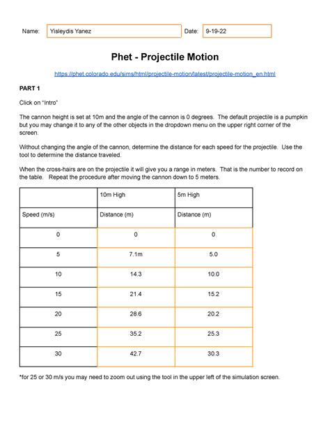 Phet - Projectile Motion - Yanez, Yisleydis - Name: Yisleydis Yanez ...