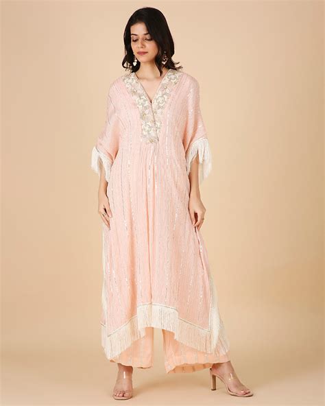 Gota Kaftan in Peach with Overlap Hand-Embroidered Neckline (Long 3 pi ...