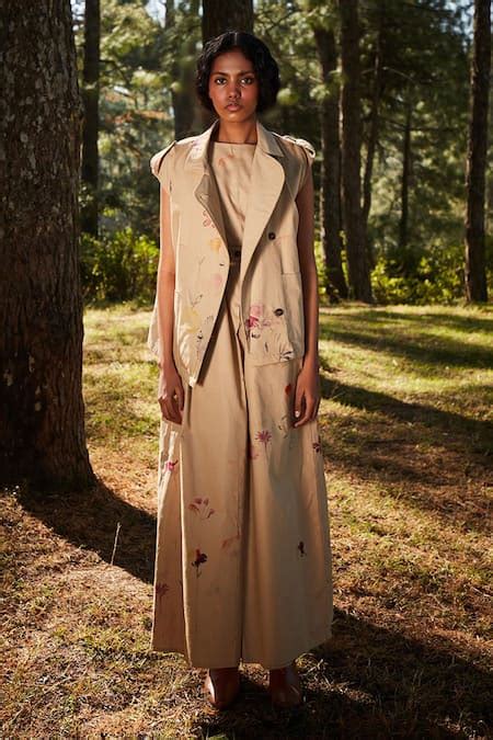 Buy Brown Oxford Print Floral Lapel Collar Sandstone Safari Jacket For ...