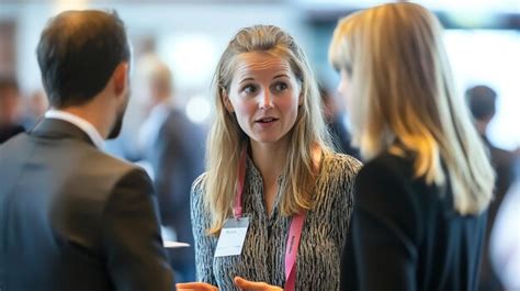 A woman in a conference setting talking to two people | Premium AI ...