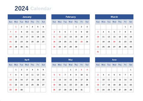 2024年 6ヶ月カレンダー 横向き | パソコンカレンダーサイト