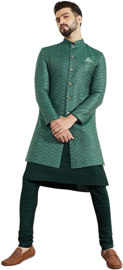 KISAH Men's Kurta Indo Western Sherwani Churidar Set, Green Silk Blend ...