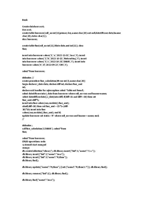 DBMS code for all practicals - Book Create database ass4; Use ass4 ...