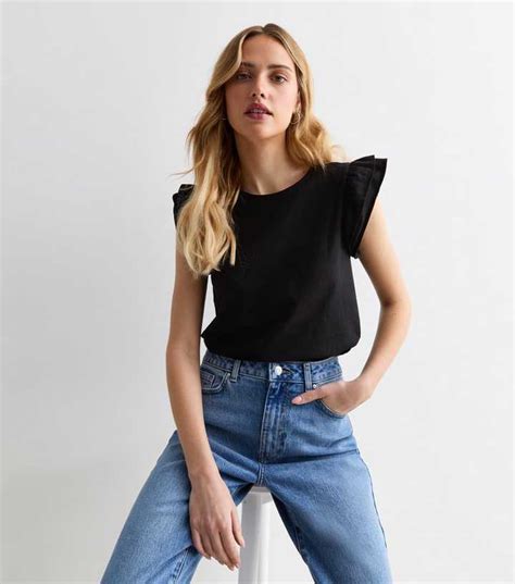Black Cotton Frill Sleeve Top | New Look