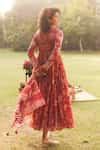 Buy Red Chanderi, Cotton Embroidery Round Floral Print Anarkali Maxi ...