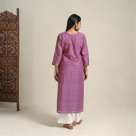 Handloom Cotton Mirror Work Purple Straight Mangalagiri Kurta
