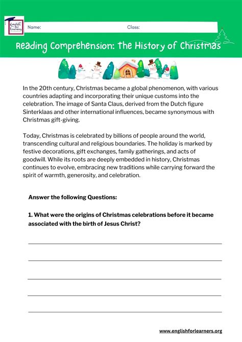 Reading Comprehension The History Of Christmas