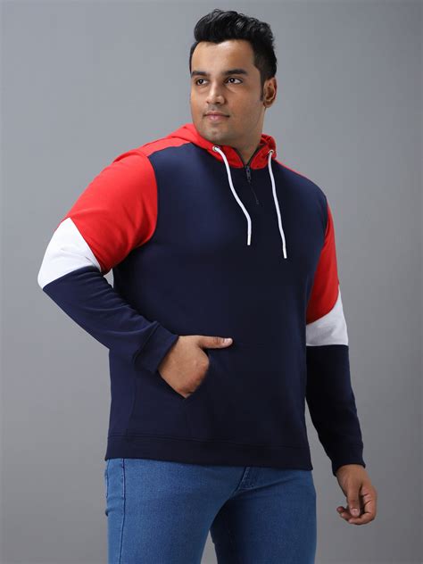 Plus Men's Blue, Red Cotton Colour Block Hooded Neck Sweatshirt ...