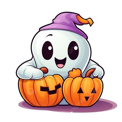 Cute Ghost Holding Candy Basket Pumpkin Cartoon Illustration Halloween ...