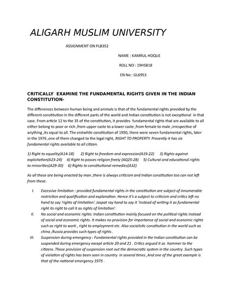 Critically examine the fundamental rights - ALIGARH MUSLIM UNIVERSITY ...