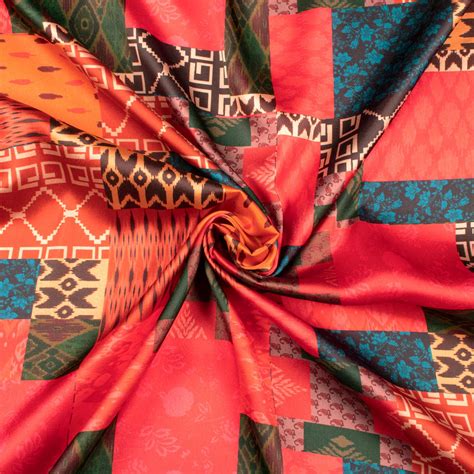 Vermillion Red And Balck Geometric Digital Print Japan Satin Fabric ...