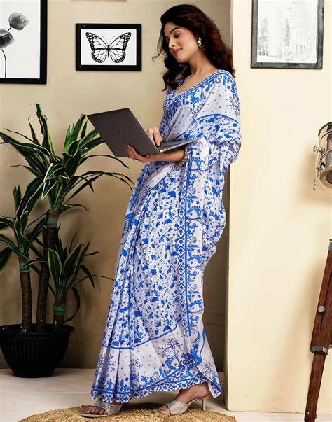 Ready To Wear White Pure Cotton Floral Printed Saree With Pocket – Sudathi