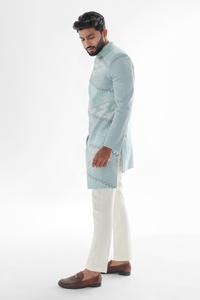 Buy Sky Blue Linen, Cotton Xanthos Asymmetric Panels Embroidered Achkan ...