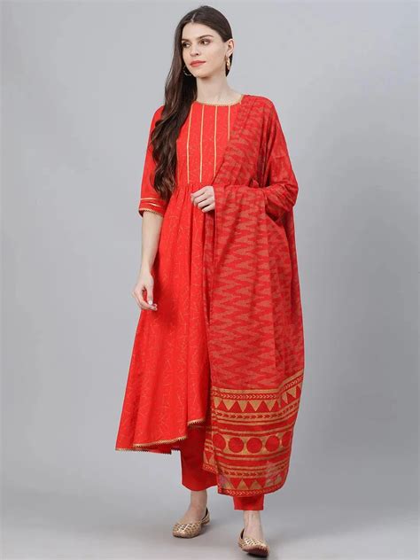Buy Red Printed Cotton A-Line Kurta With Dupatta Online at Rs.1223 | Libas