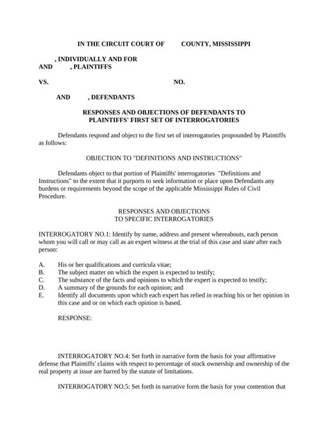 Mississippi Court Response to Interrogatories - Blank Fillable Template ...