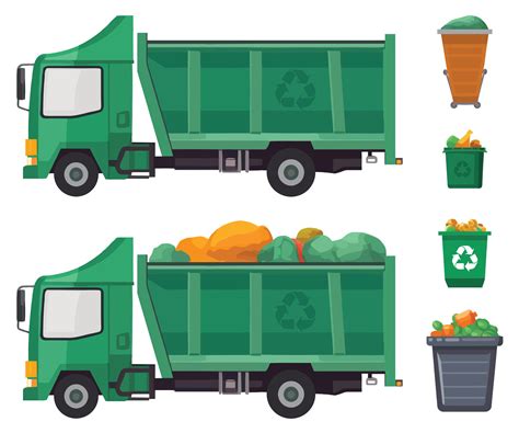 Green Garbage truck and various types of trash bin isolated on white ...